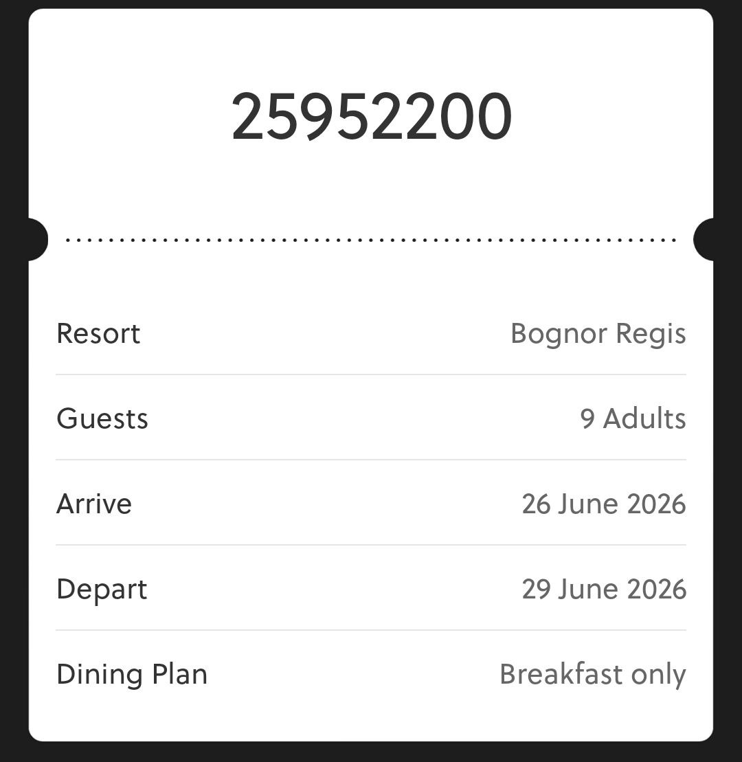 Butlins booking confirmation